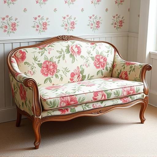 A loveseat upholstered in a patterned fabric with floral motifs, adding a touch of vintage charm to any room