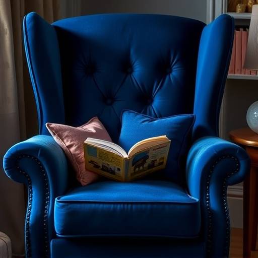 A reading nook chair upholstered in a luxurious, deep blue velvet with a wingback design and supportive cushions.