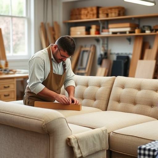 Craftsmen carefully upholstering a sofa in the Soft Haven workshop