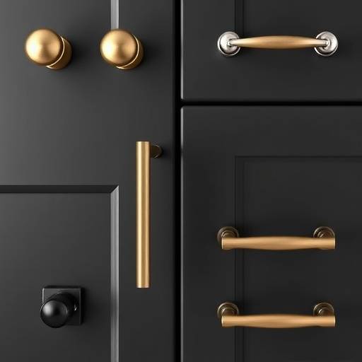 Selection of hardware options including brass knobs, chrome handles, brushed nickel pulls, and matte black accents
